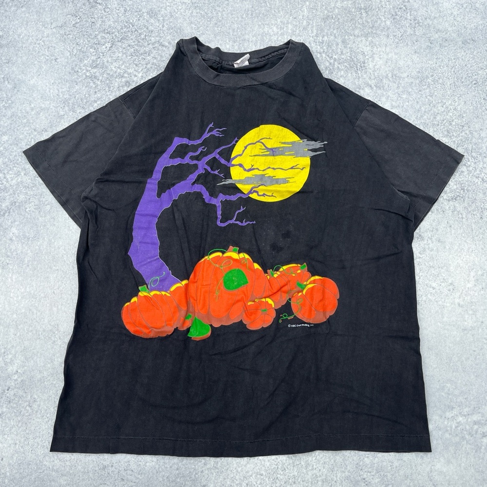 Vintage 1990s Halloween Spooky Pumpkin Patch Faded Black Single Stitch T-Shirt